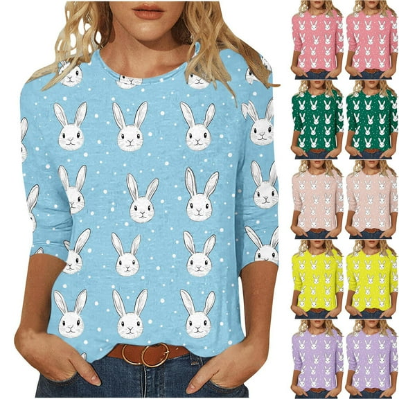 Jinhomg Women's Casual 3/4 Sleeve Shirts Novelty Funny Easter Day Bunny Rabbit Graphic Blouses Loose Fit Comfy Crew Neck Holiday Tunic Tops Holiday Sales Green XXL