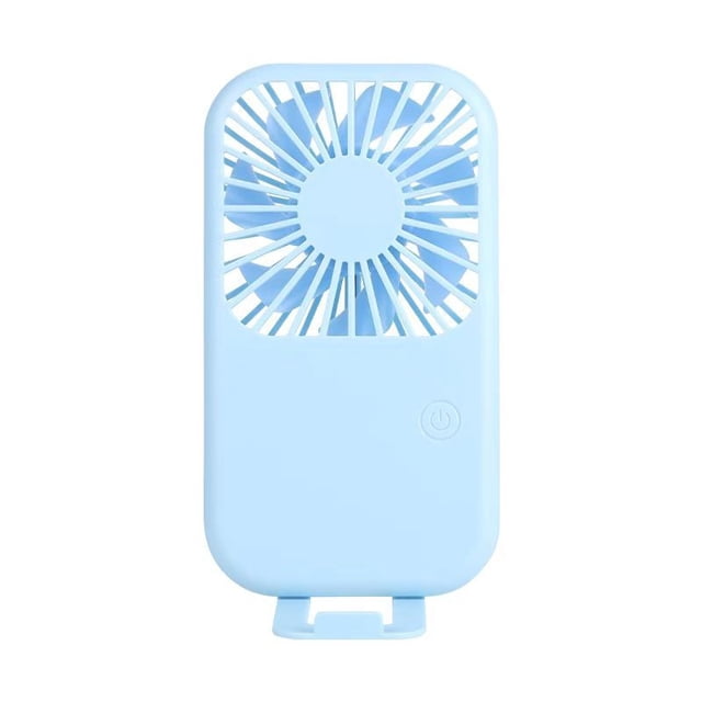 Agiferg USB Mini Handheld Fan Portable Small Fan Rechargeable Handheld Fan in a compact, rectangular design with a light blue finish. Features a front-facing fan grill with visible blades and a power button on the lower front. Ideal for personal cooling in offices, homes, or outdoor settings. Includes a USB charging cable for recharging its 500-800mAh battery. Measures approximately 13x7x6.5 cm.