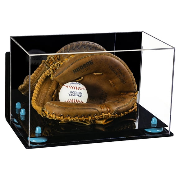 Acrylic Baseball Catchers Glove Display Case with Mirror, Wall Mount and Blue Risers (A011-BLR)