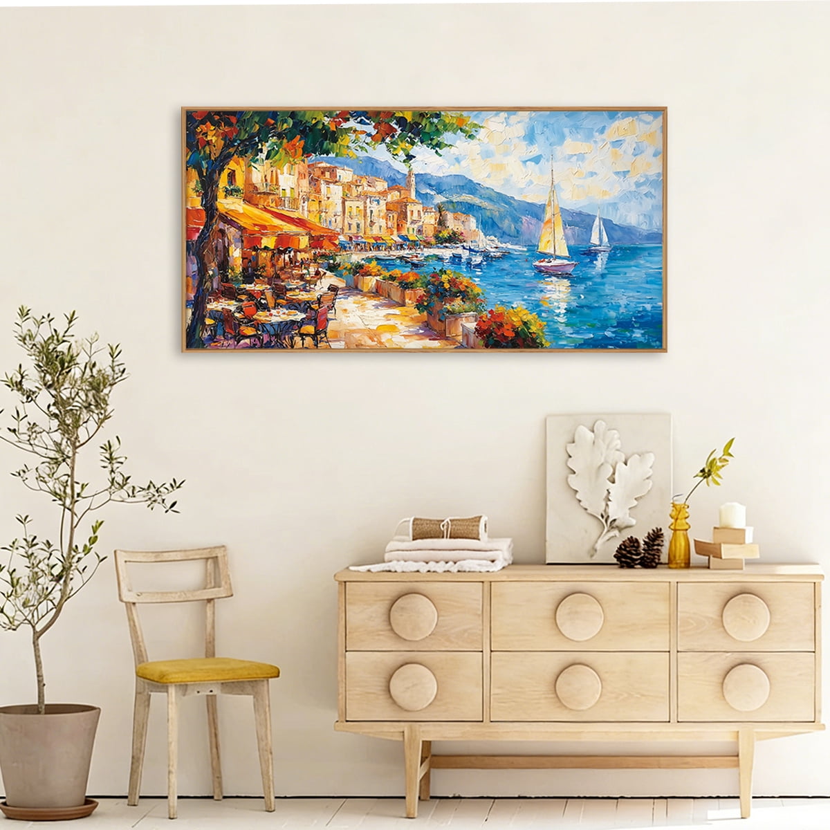 TOARTi Italian Town Framed Canvas Wall Art Abstract Mediterranean Coastal Cityscape Painting Italy Wall Decor for Living Room Bedroom Office 20x40 Inch