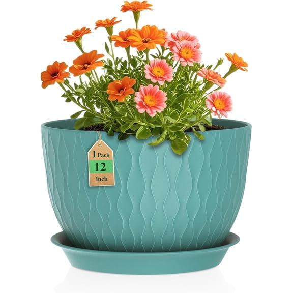 12 Inch Large Plant Pots for Indoor or Outdoor Plants, Wide Water Ripples Flower Pots with Drainage Holes & Saucer, Plastic Planters Set for Garden & Home Decor (Blue Green)