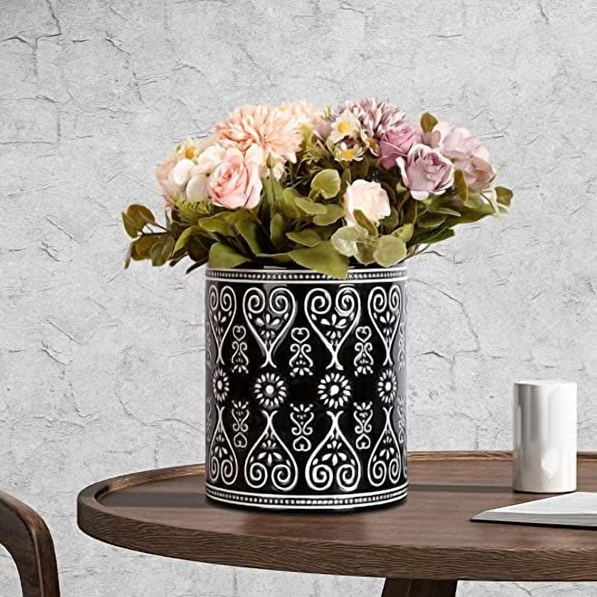 Black Heavy Ceramic Utensil Holder, 7" Extra Large Kitchen Utensil Holder for Countertop, Cooking Ceramic Crock for Farmhouse Kitchen Decor