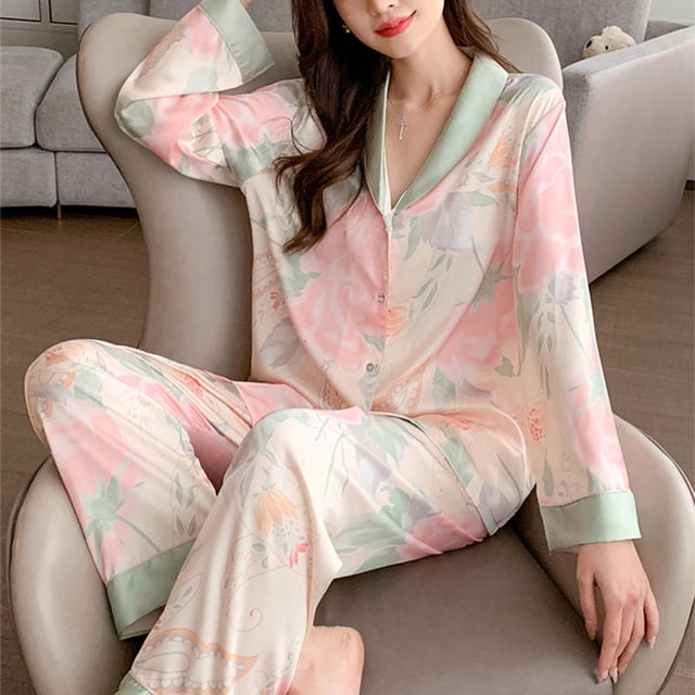 Pijama de seda Lce para mujer, pantalones de manga larga de otoño, cuadros de seda artificial fina