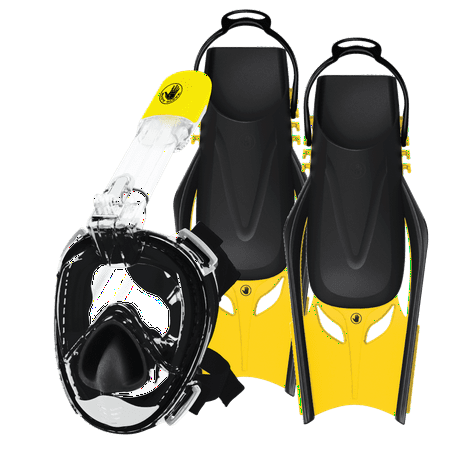 BODY GLOVE - FREE BREATHING SNORKEL FULL FACE MASK SET-WITH FINS-TRAVEL BAG-ANTI FOG-ANTI LEAK-PANORAMIC VIEW-CAMERA MOUNT-OPEN WATER-SCUBA DIVING-SNORKELING GEAR( SET,S/M)