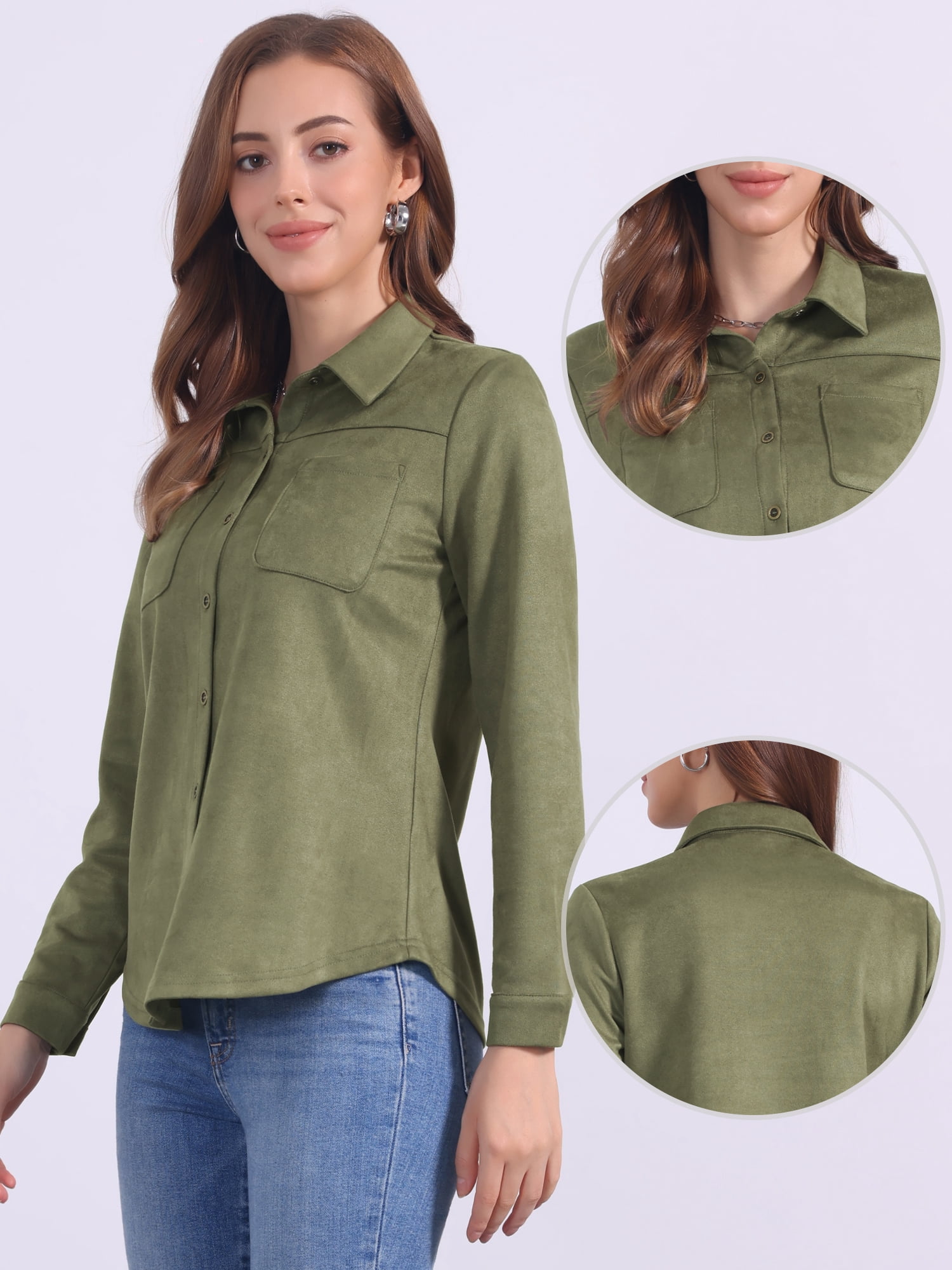 DARING DIVA Women's Button Down Long Sleeve Blouse Casual Spring Fall M Olive Green