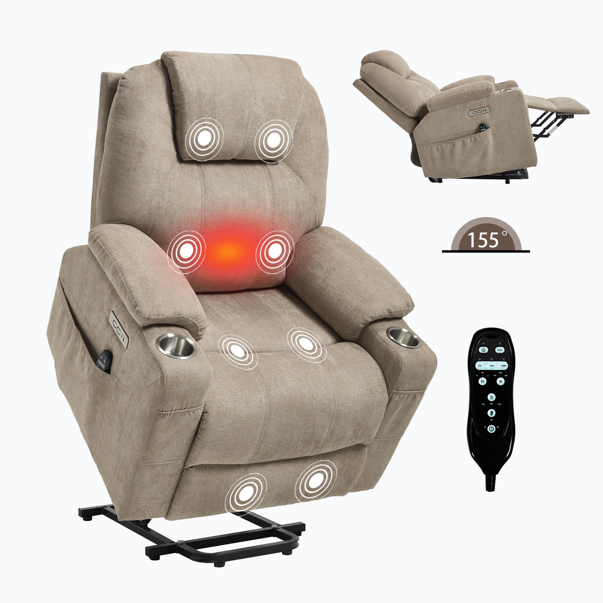 Chenille Power Lift Recliner Chair for Seniors, Heavy Duty 350 lbs Capacity with 8-Point Massage & Lumbar Heat, USB Type-A/C Ports, Stainless Steel Cup Holders, Living Room Comfort