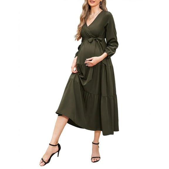 Women's Maternity Dress V-neck Long Sleeve Pleated Maternity Casual Maxi Dresses
