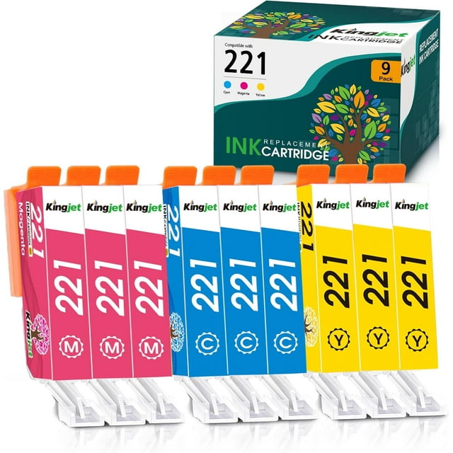 YWC-Kingjet Compatible pour Canon 221 Cartouches d'Encre pour Imprimantes Remplacement pour CLI-221 CLI221 Fonctionne avec PIXMA MP560 MP620 MP620B MP640 MP980 MP990 MX860 IP3600 IP4600 IP4700, Lot de 9 pour 221TG Couleur