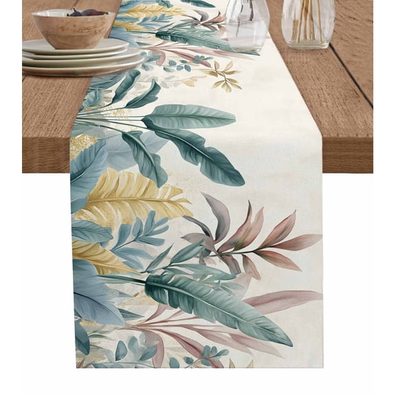 Sage Green Tropical Leaves Table Runner 60 Inches, Watercolor Botanical Bed Runner Dresser Scarves Tabletop for Indoor Outdoor Parties/Ceremony/Banquet, 13" x 60"