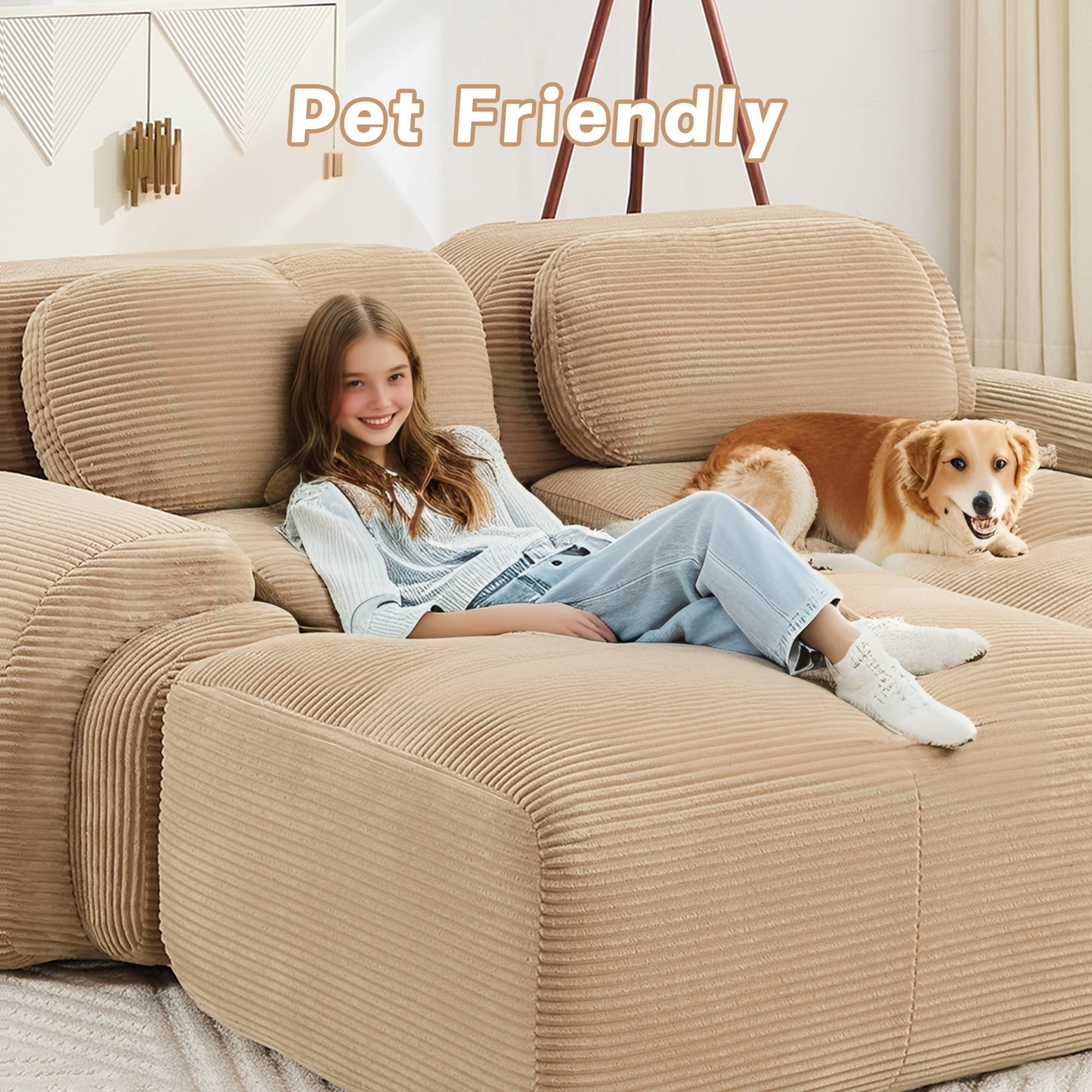 Aukfa 117" Modular Sectional Sofa Overstuffed Boneless Couch, 3Pillows, No Assembly, Corduroy, Camel