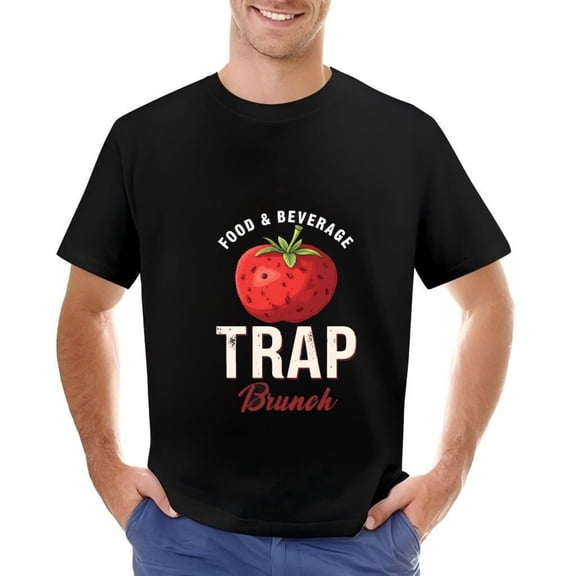 Men's Cotton Short Sleeve T-Shirt with Bold Strawberry Graphic and ' & BEVERAGE ' Text - Stylish ' Brunch ' Design