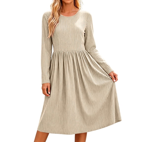 Bosfbaoi Dresses for Women Round Neck Long Sleeve Striped High Waist Flowy Midi Dress