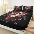 thumbnail image 3 of Manfei Romantic Gothic Skeleton Full Size Sheets for Kids, Pink Flower Plant Bed Sheets, Horror Crow Sheet Sets, Lightweight Room Decor, 4pcs, 3 of 7