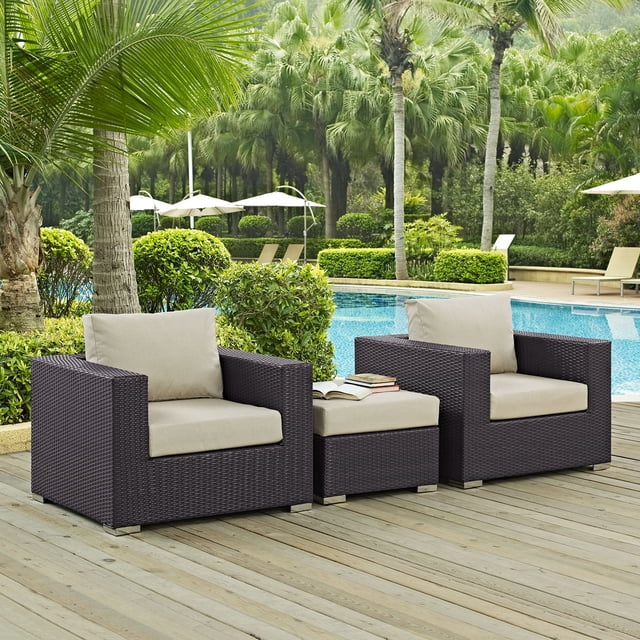 Modway Convene Wicker Rattan 3-Piece Outdoor Patio Furniture Set in Espresso Beige