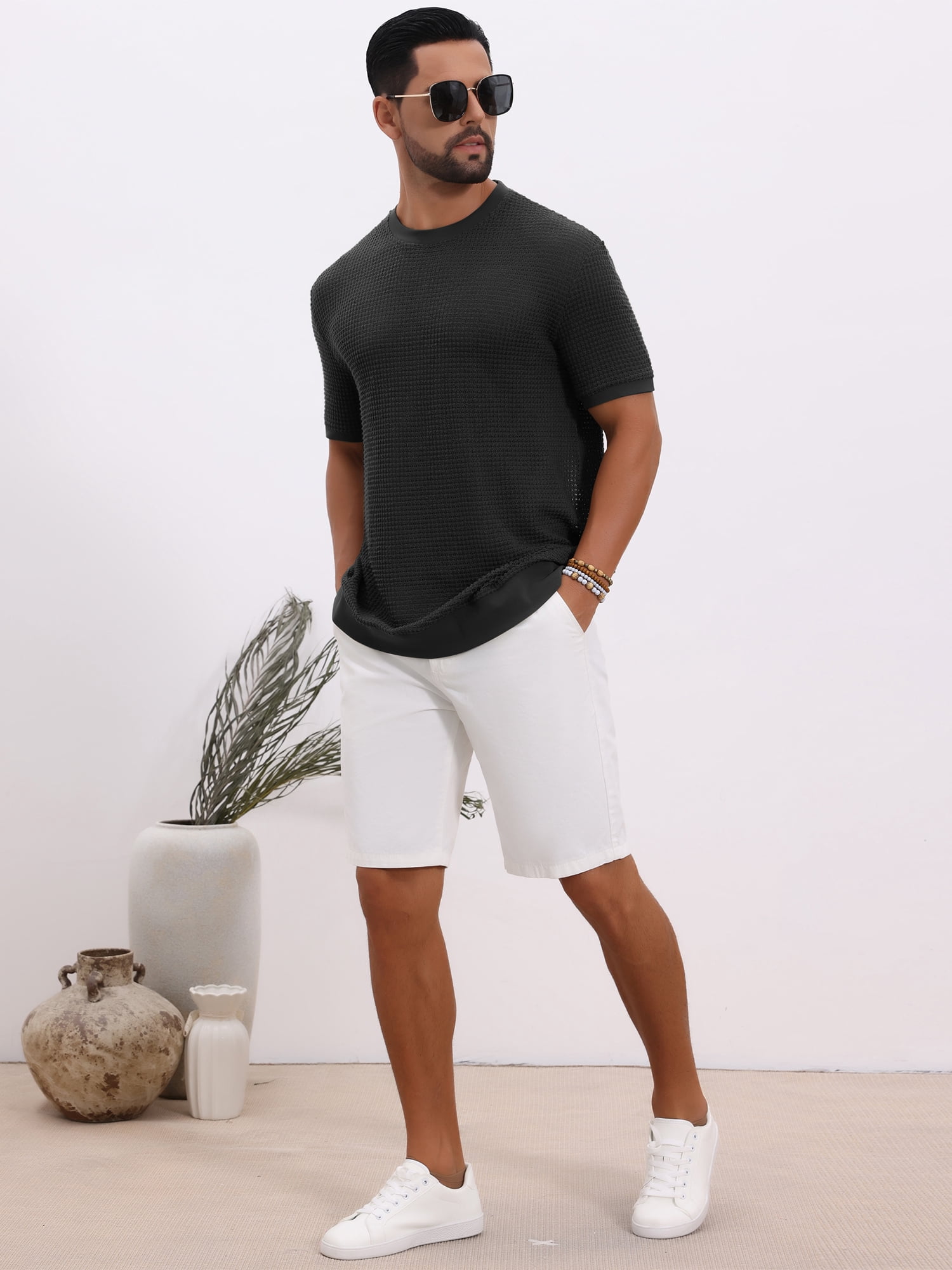 DARING DIVA Men's Waffle Short Sleeve Crew Neck Solid Knitted T-Shirt XL Black