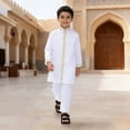 thumbnail image 6 of CUZIBR Toddler Boys Teenage Outfits Long Sleeve Crewneck Solid Color Tradition National Embroidery Shirts Tops Blouse And Trousers Relaxed Robe Suit 2 Piece Clothes Sets Clothing Set,White,3-4 Years, 6 of 6