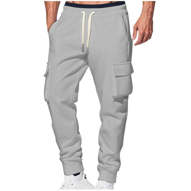 Pantalones cargo de poliéster para hombre, de longitud completa, a la moda, de color liso, con bolsillos, cordón ajustable, cintura elástica y pierna recta.