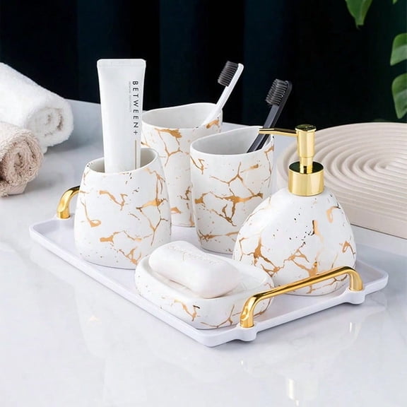 Ceramics White Bathroom Accories SetGold Marble Look Bathroom Decor Modern 6 Piece Bathroom Accory Set Complete with Soap Dispenser Toothbrush Holder Tumbler Tray Countertop
