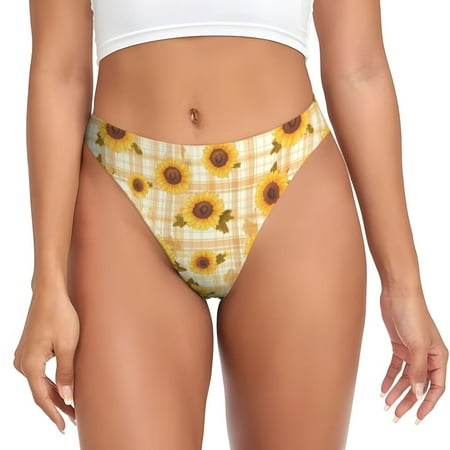 Qokaie Coffee Plaid Sunflower Printed Women s Cotton Thong Underwear  Sexy Breathable Panties G-string-Small
