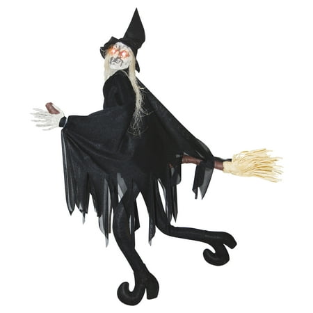 Animated Flying Kicking Wicked Witch On Broom Hanging Halloween Prop Decoration