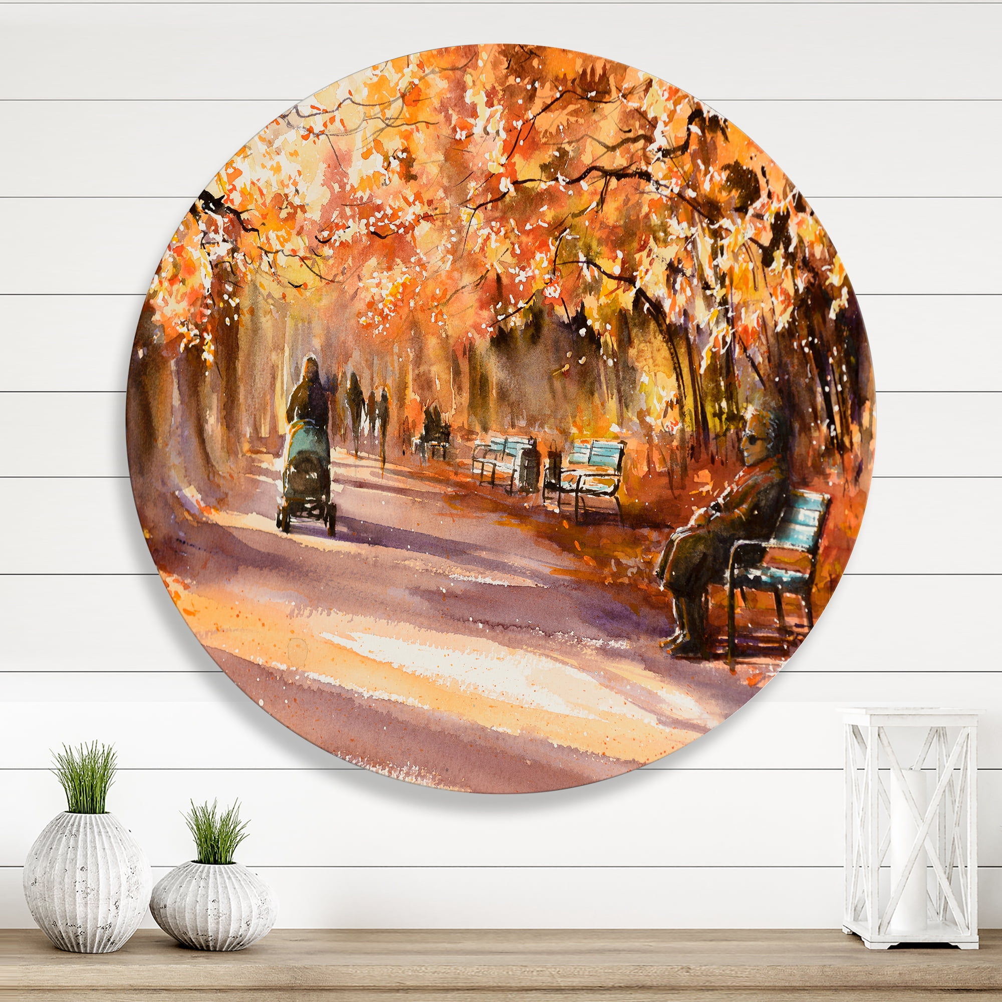 Designart 'Path In The Park In Sunny Autumn Day' Country Circle Metal Wall Art 23x23 - Disc of 23