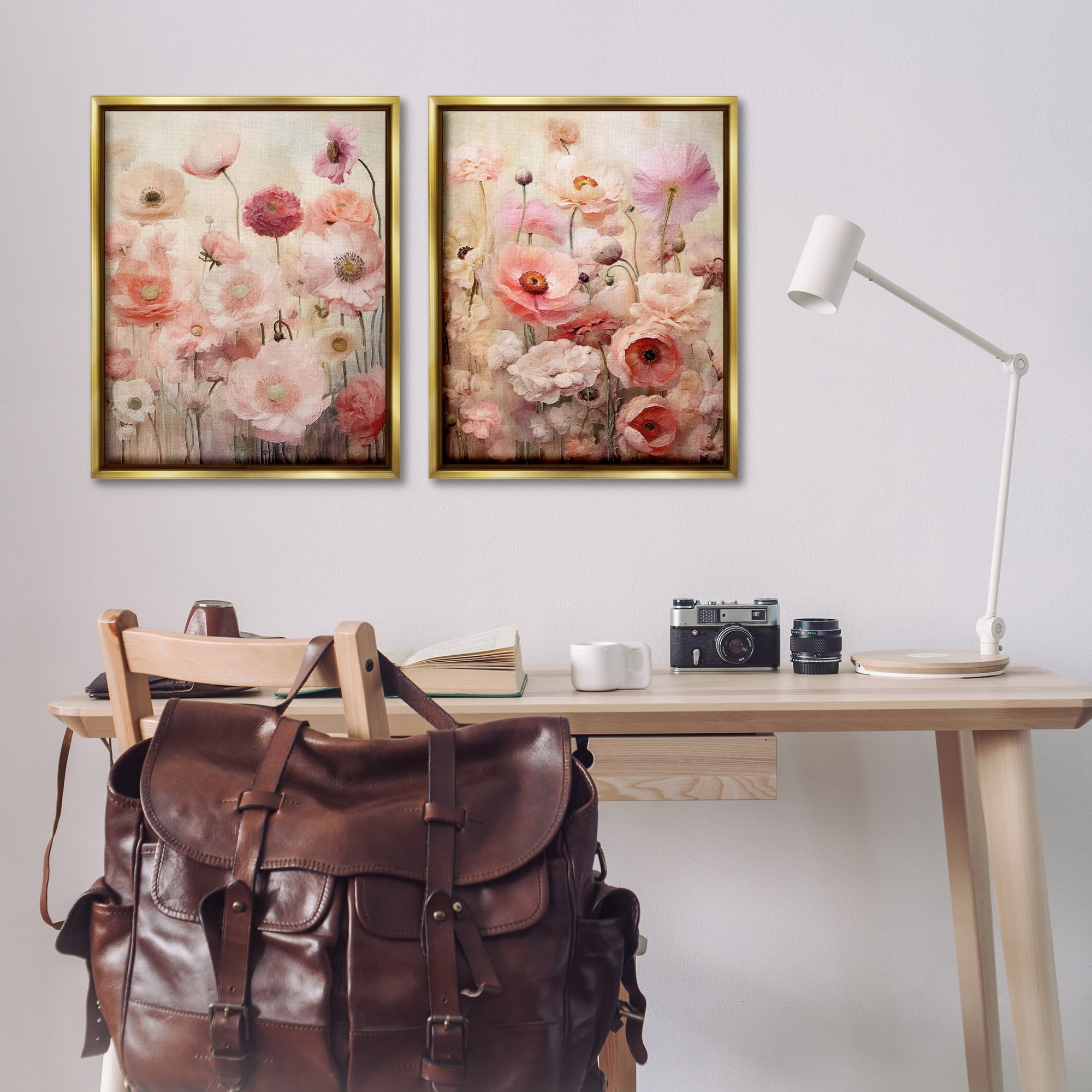 Stupell Industries Pink Blush Floral Field Plants & Flowers Painting Gold Floater Framed Canvas Art Print Wall Art, 31 x 25, Set of 2