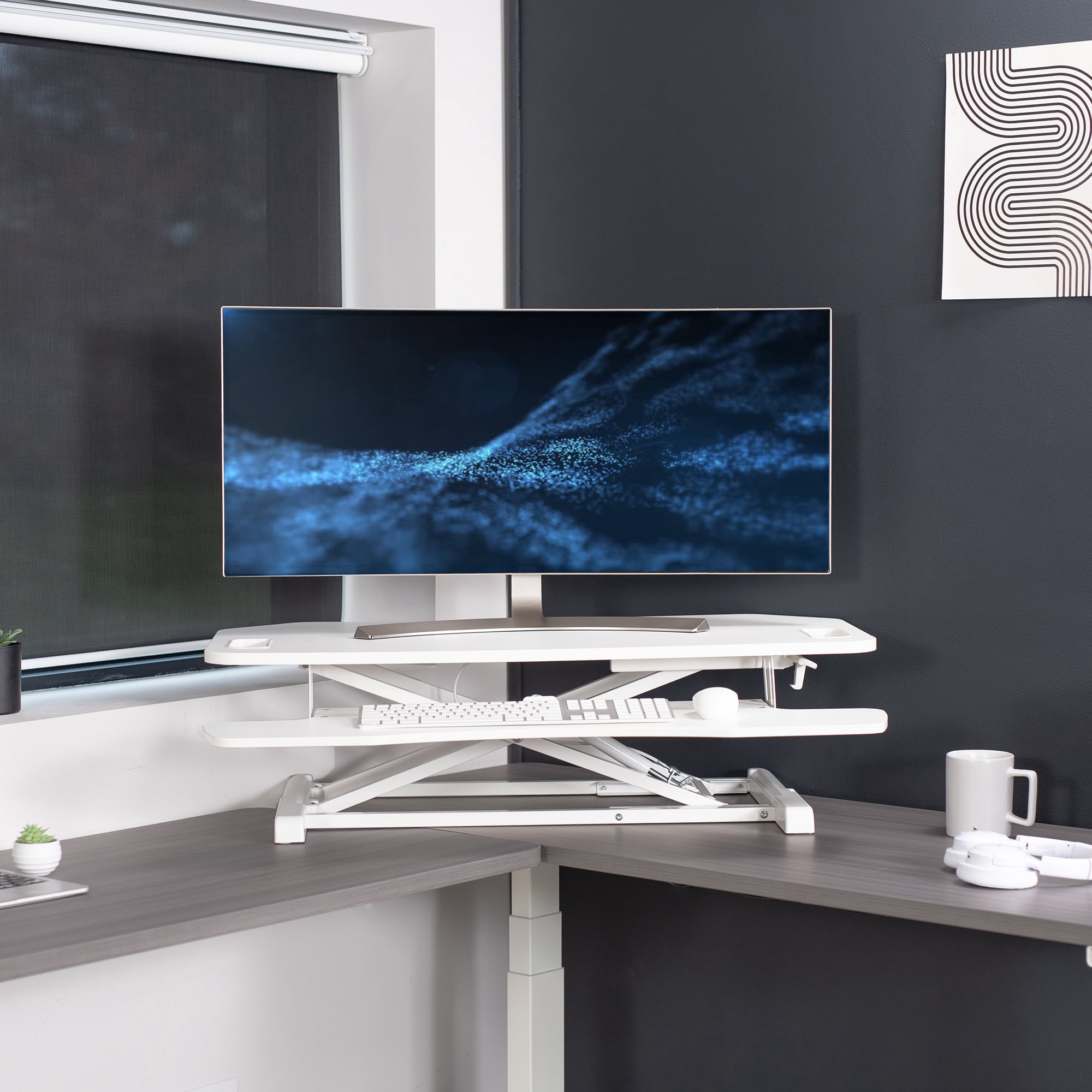 VIVO White Height Adjustable Corner Desktop Monitor Riser 38" Sit Stand Tabletop