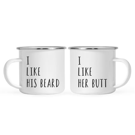 Andaz Press Stainless Steel Campfire Coffee Mugs Gift Set, I Like His Beard, I Like Her Butt,