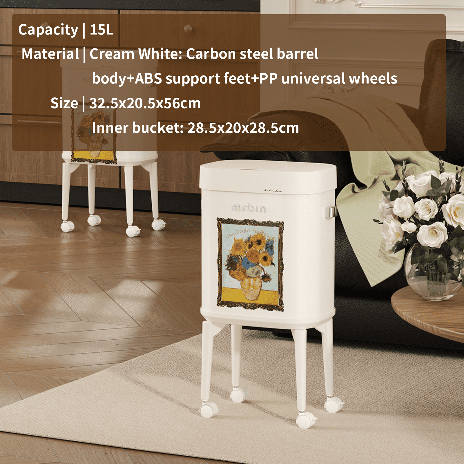 Mrbin Metal Motion Sensor Kitchen Trash Can with Wheel Legs, 15L / 4gal Metal Slim Trash Can, Pet Proof Tall Narrow Garbage Pail for Vanity, Bedroom, Bathroom, Living Room, Sunflower