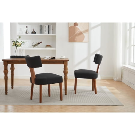 Set of 2 Modern Armless Dining Chairs in Linen Fabric with Curved Backrest and Solid Wooden Legs for Living Room,Black