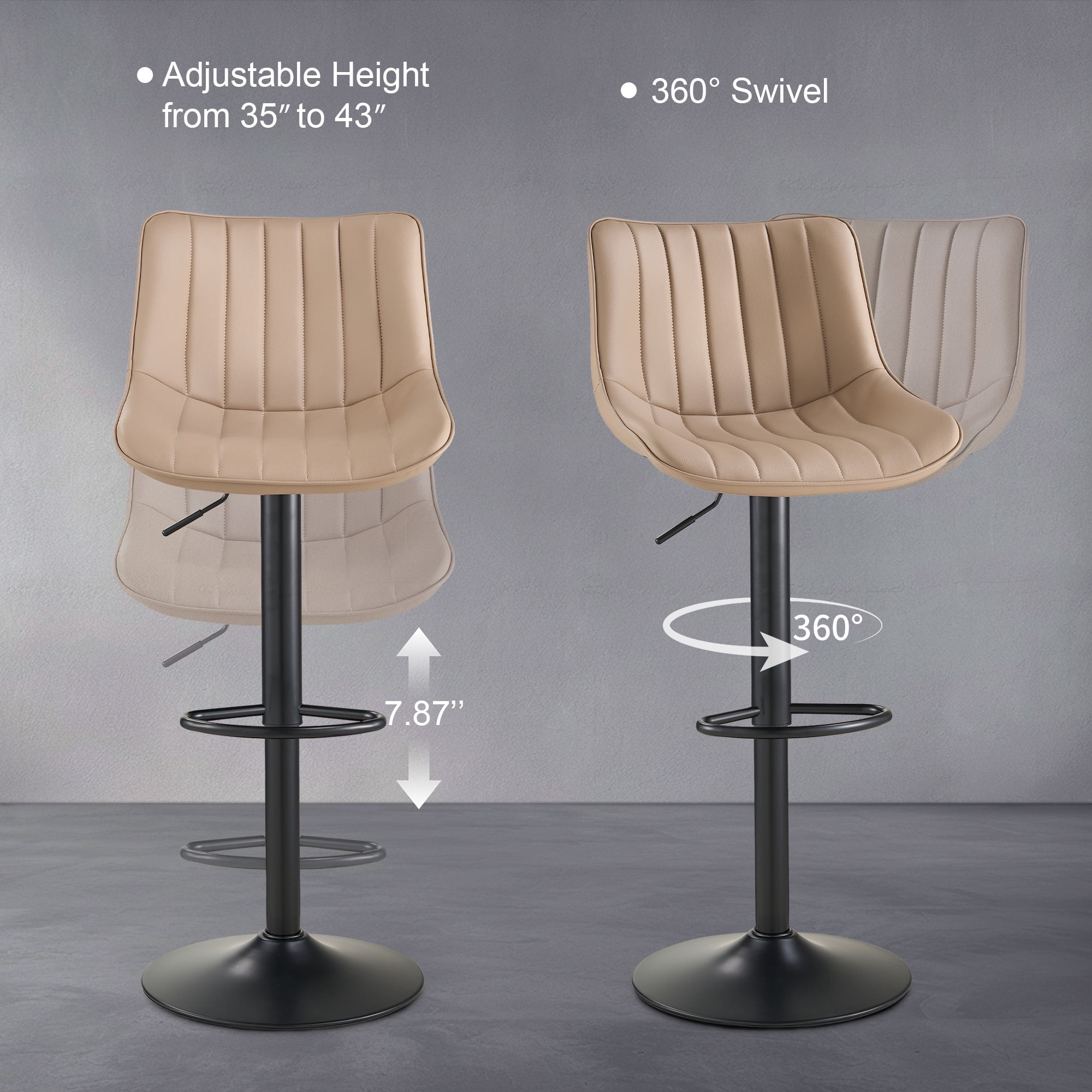 AUNEKIV Bar Stools, Swivel Counter Height Barstools with Back, Adjustable Faux PU Leather Bar Chairs, Modern Armless Kitchen Island Stool, Oatmeal