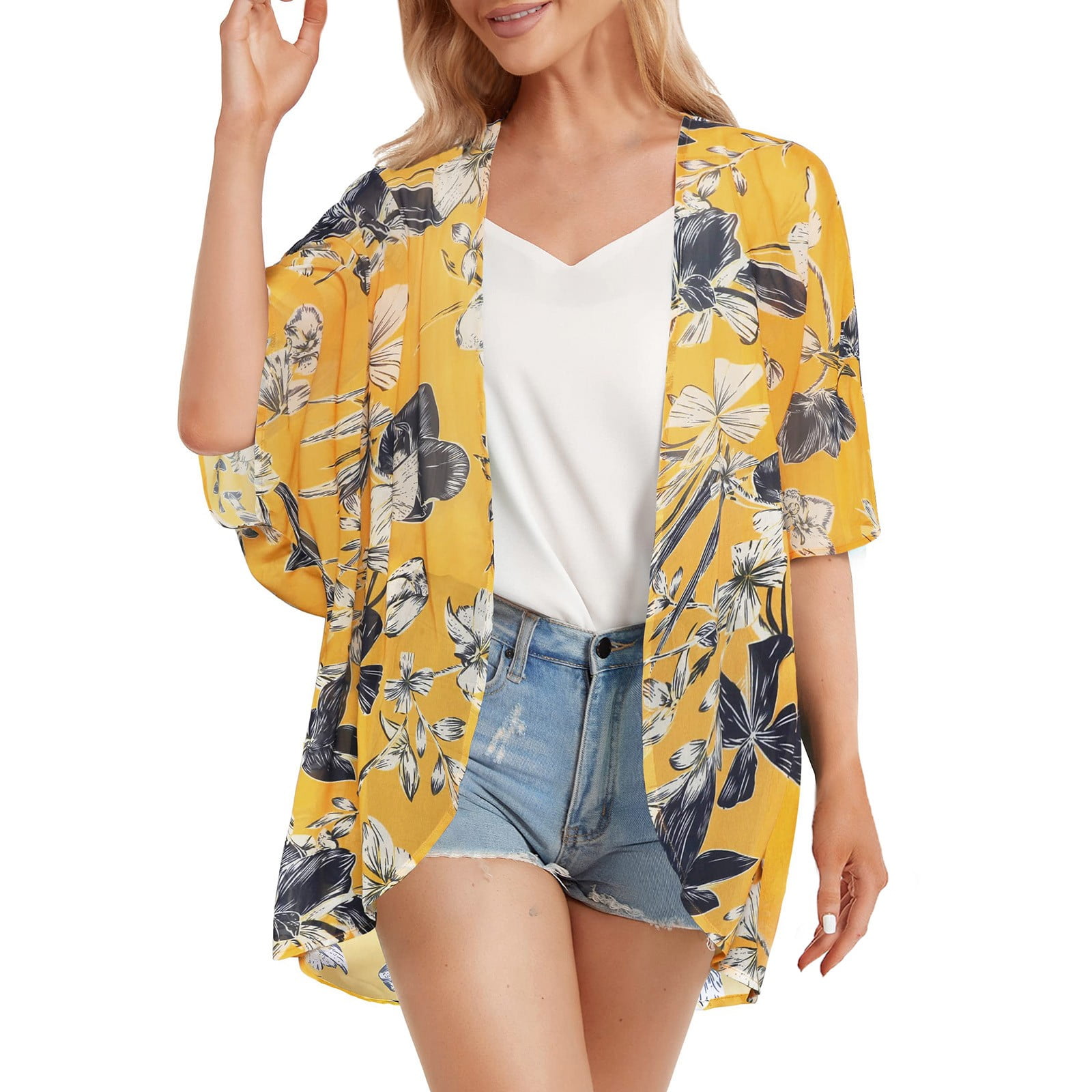 QYZEU Womens Plus Sweaters Short Sleeve Cardigan Women Summer Womens Floral  Printed Puff Sleeve Chiffon Kimono Cardigan Loose Cover Up Casual Blouse  Tops - Walmart.com