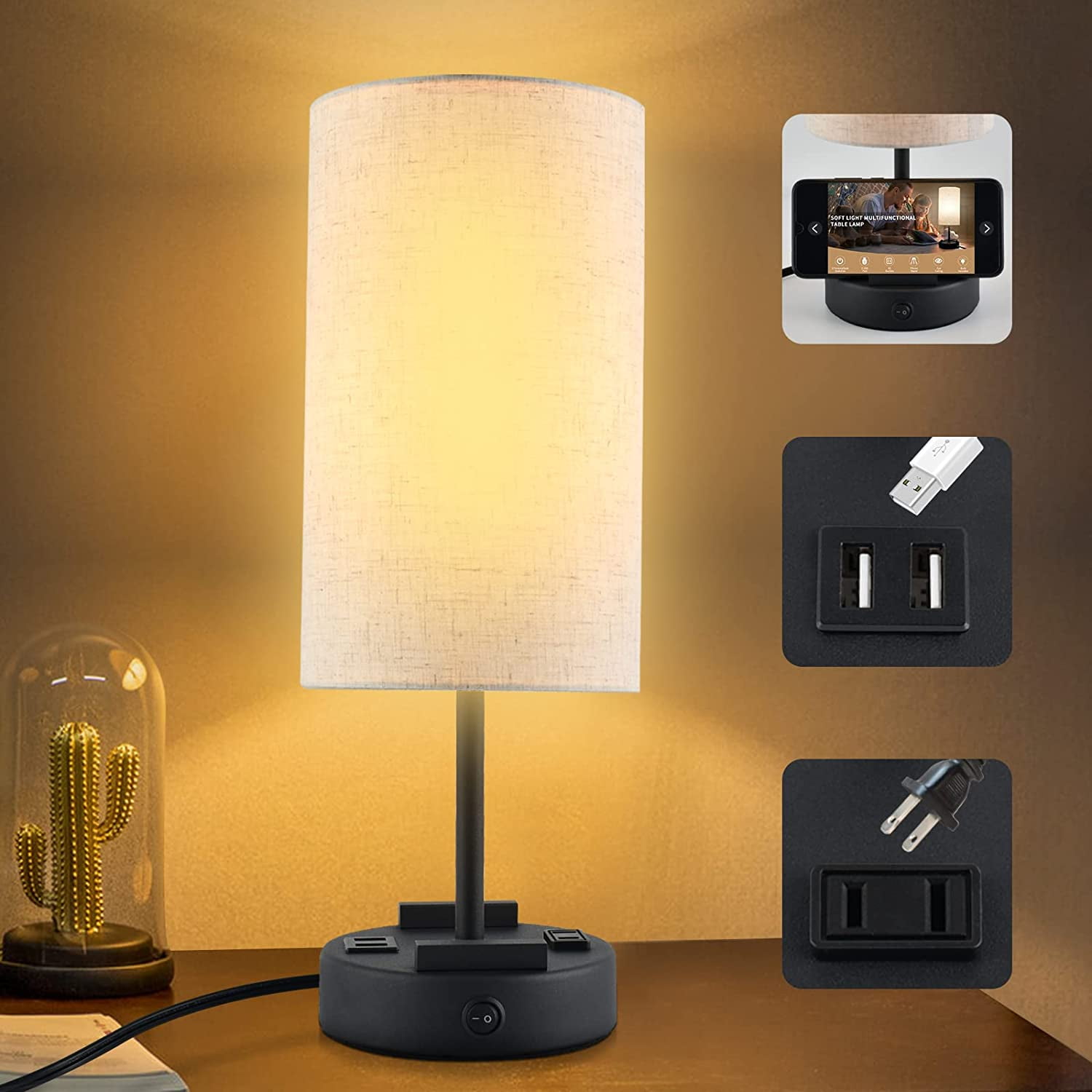 NEWDERMO Table Lamp with USB Port Phone Stand - Bedside Lamps with AC Outlets 2 USB Charging Ports 2 Phone Stands Round Beige Fabric Shade for Living Room, Bedroom, Home Office