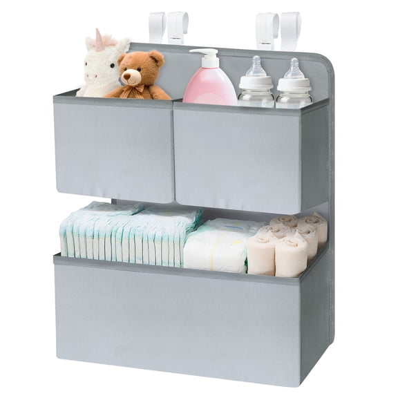 Hanging Diaper Organizer for Crib, Bassinet, Playpen & Playard, 4 Deep Pockets Diaper Storage Caddy, Nursery Hanging Diaper Stacker, Gray