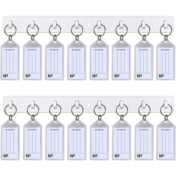 Acrimet Key Tag Rack w/ 8 Keyring Tags (Self-Adhesive Key Storage Rack) (2 Pack) (White with Crystal Color)