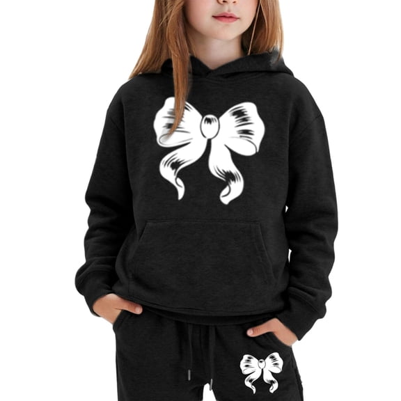 Angala 2 Piece Outfits For Girls Hooded Long Sleeve Bowknot Print Sweatshirt With Jogger Pants Set Girls Fall Season Wear Clothes