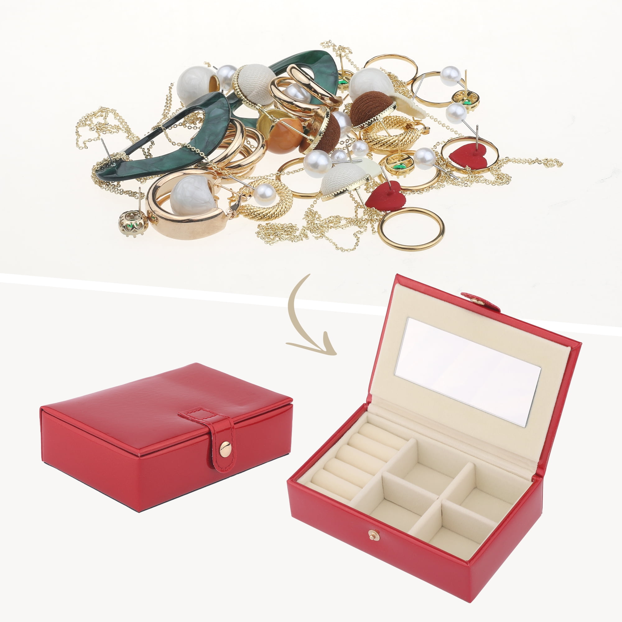 Unique Bargains Travel Jewelry Box Portable Organizer Case with Mirror Red