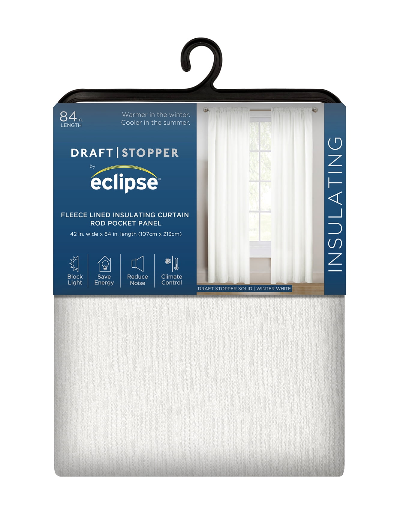 Eclipse Draft Stopper Room Darkening Fleece Lined Rod Pocket, Single Curtain Panel, White, 42" W x 84" L