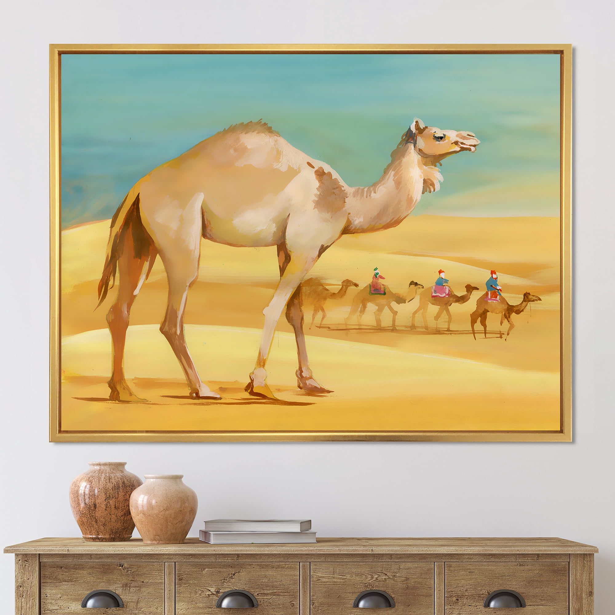 Designart 'Camels In Wild Desert I' Farmhouse Framed Canvas Wall Art Print