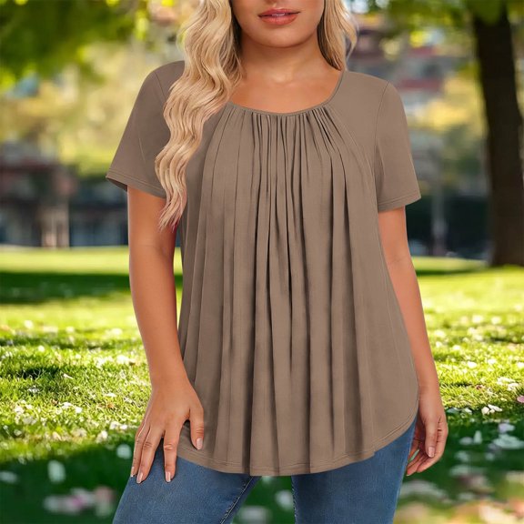 Gamivast Pleated Blouses for Women Plus Size Short Sleeve Scoop Neck Casual Tunic Tops Solid Color Loose Fit Flowy Shirts Lightweight Comfortable Summer Wear for Leggings Size L-XXXXL