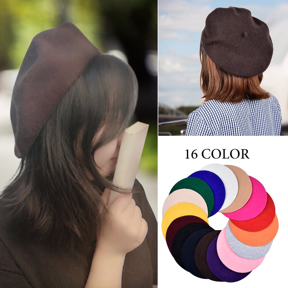 Bolley Joss Solid Color Wool Beret Hat French Style Hat Cute Artist Cap with Pom Pom for Girls