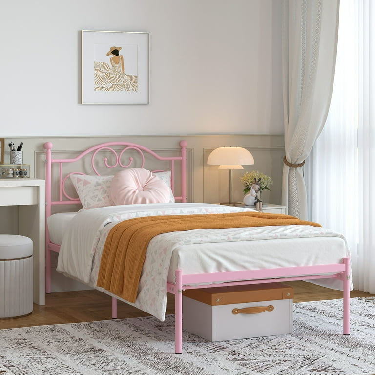 Yoneston 12 Twin Heavy Duty Metal Platform Bed Frame with Love Heart Shape Headboard for Girls Bedroom Furniture Pink Walmart