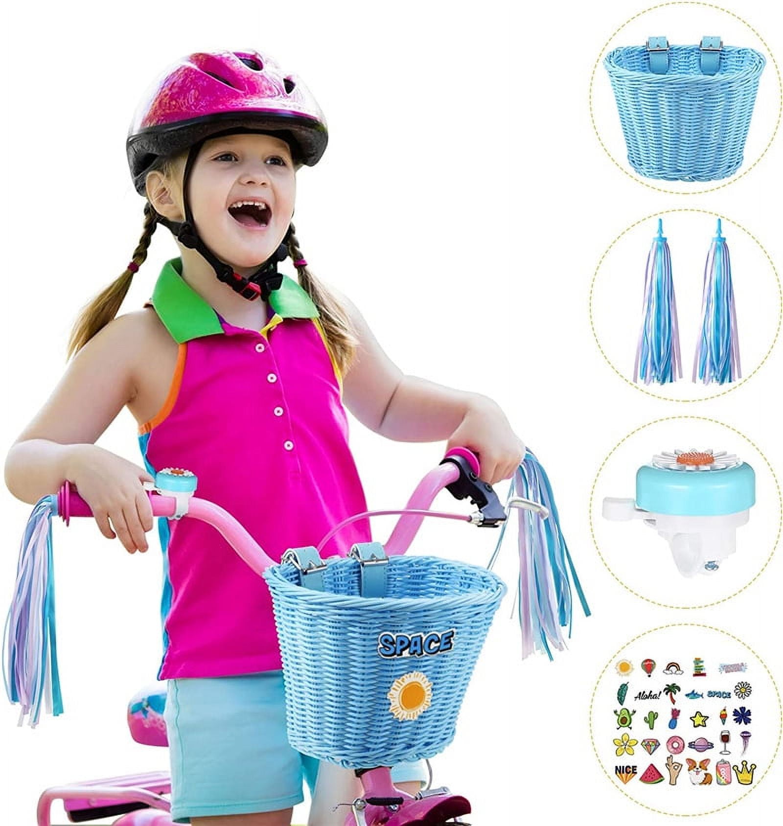 Kid's Bicycle Basket Streamers Set, Front Handlebar Kid's Bicycle Basket, Daisy Bike Bell, 2 Bike Streamer, 30 Kids Cartoon Sticker, Bike Decoration for Toddler Children Kids Girl