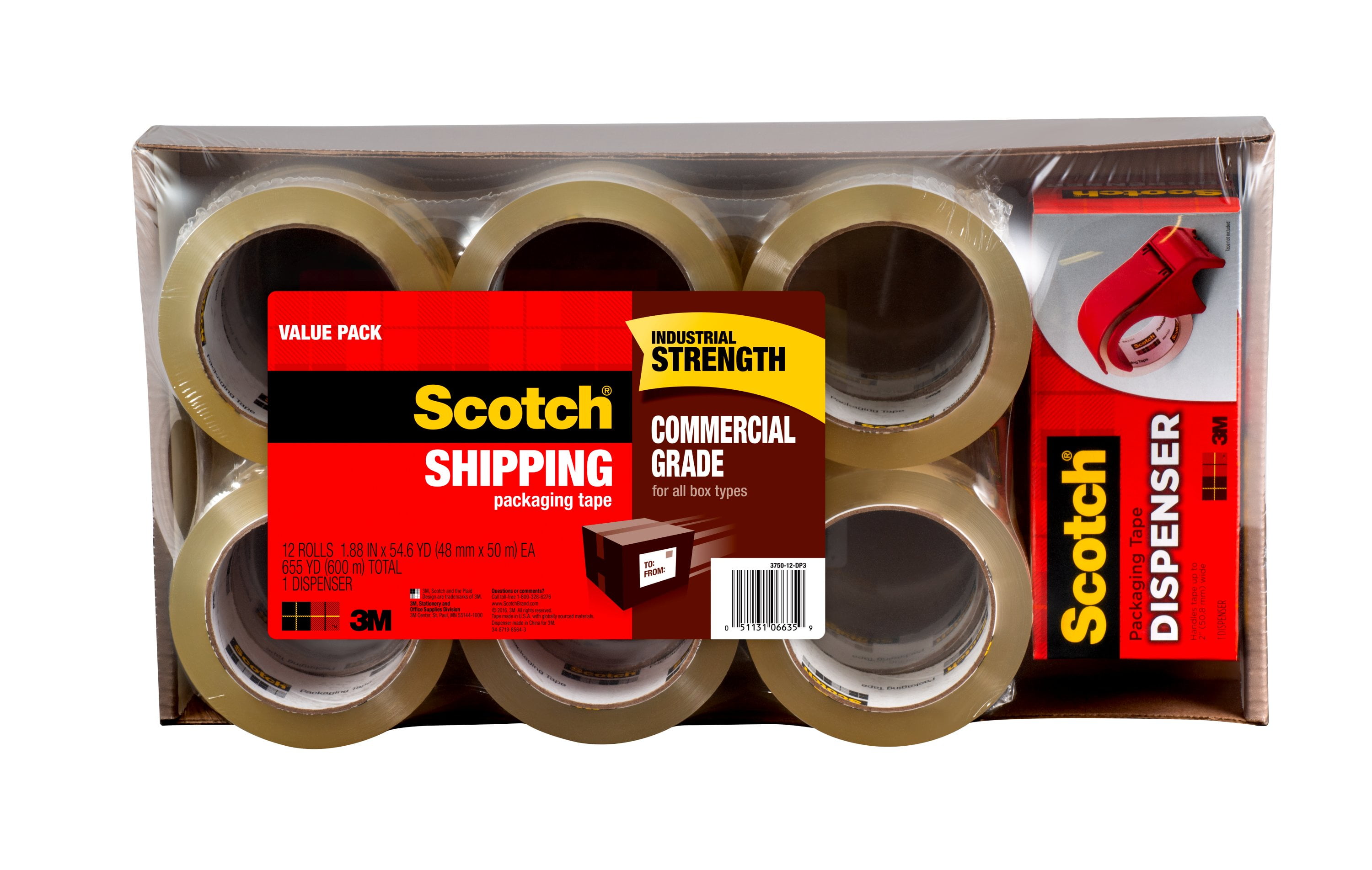Scotch Commercial Packaging Tape, Clear, 1.88" 54.6 yd, 12 Rolls