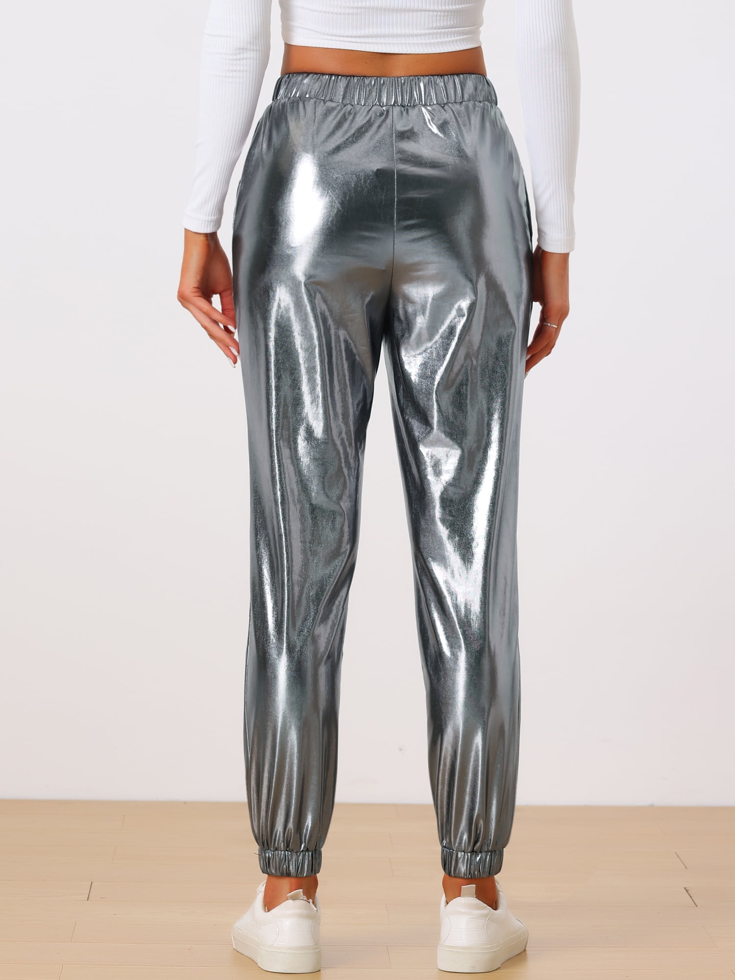 DARING DIVA Women's Sparkle Shiny High Waist Metallic Jogger Pants L Silver Grey