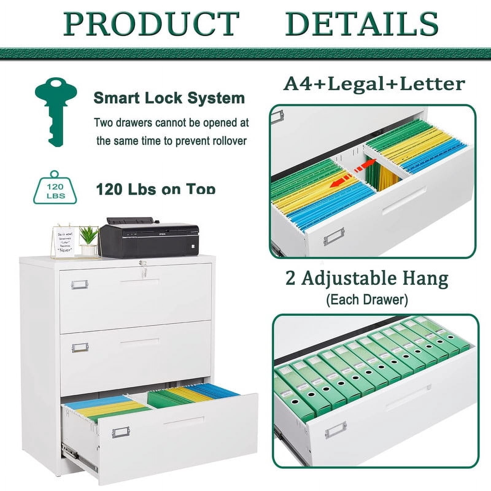 MIIIKO 3 Drawer Lateral File Cabinet with Lock, White Lateral Filing Cabinet for Legal/Letter A4 Size, Locking Wide File Cabinet for Home Office, Metal