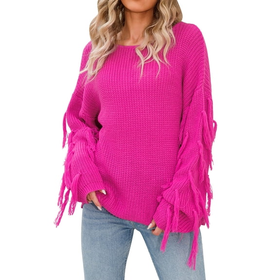 UJNDER Women Casual Large Size Pullover Sweater Tassel Long Sleeve Loose Round Neck Sweater Top Cozy Sweaters for Women Hot Pink L