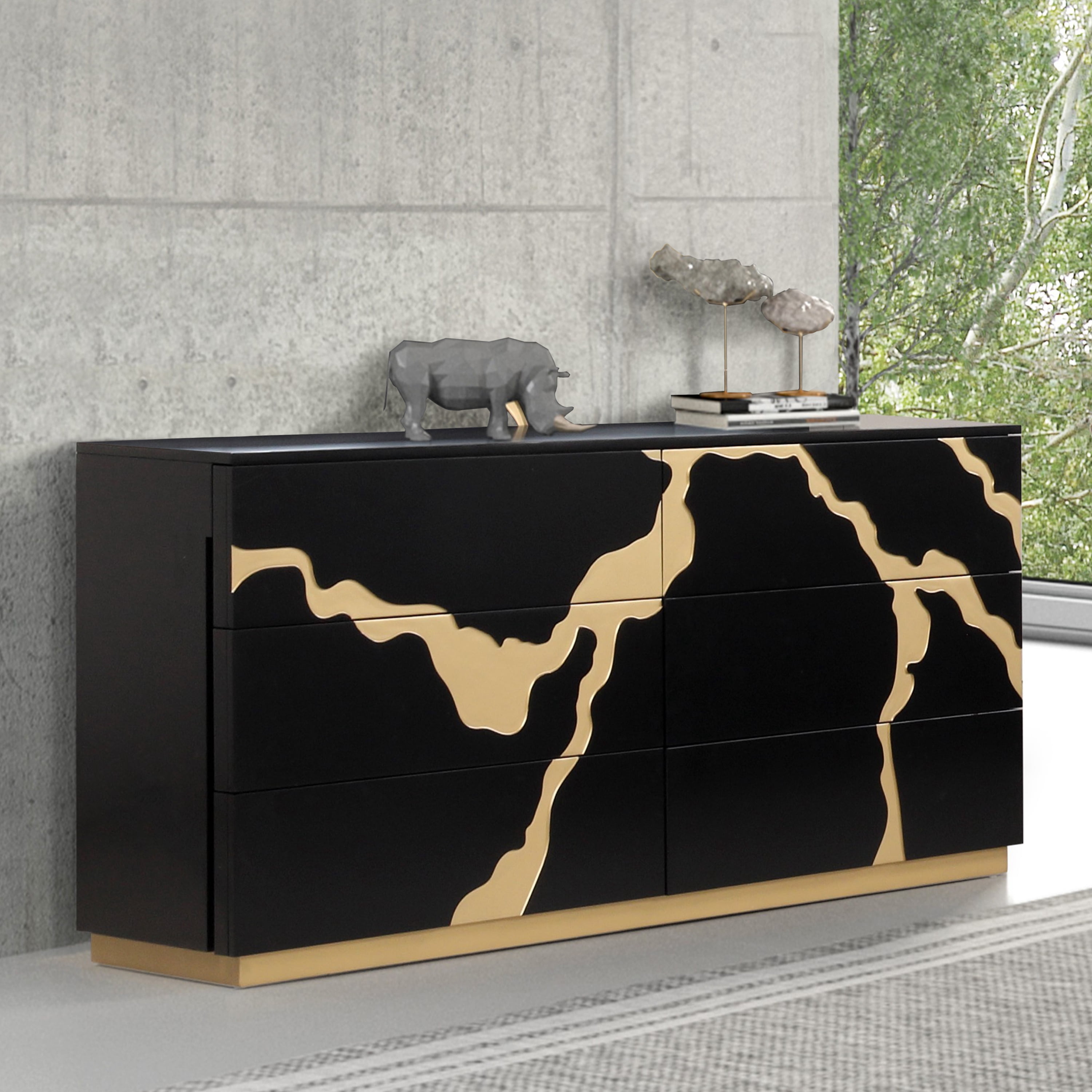 Furniture of America Deverell Modern Adult 6-Drawer Dresser with Gold Accents, Black