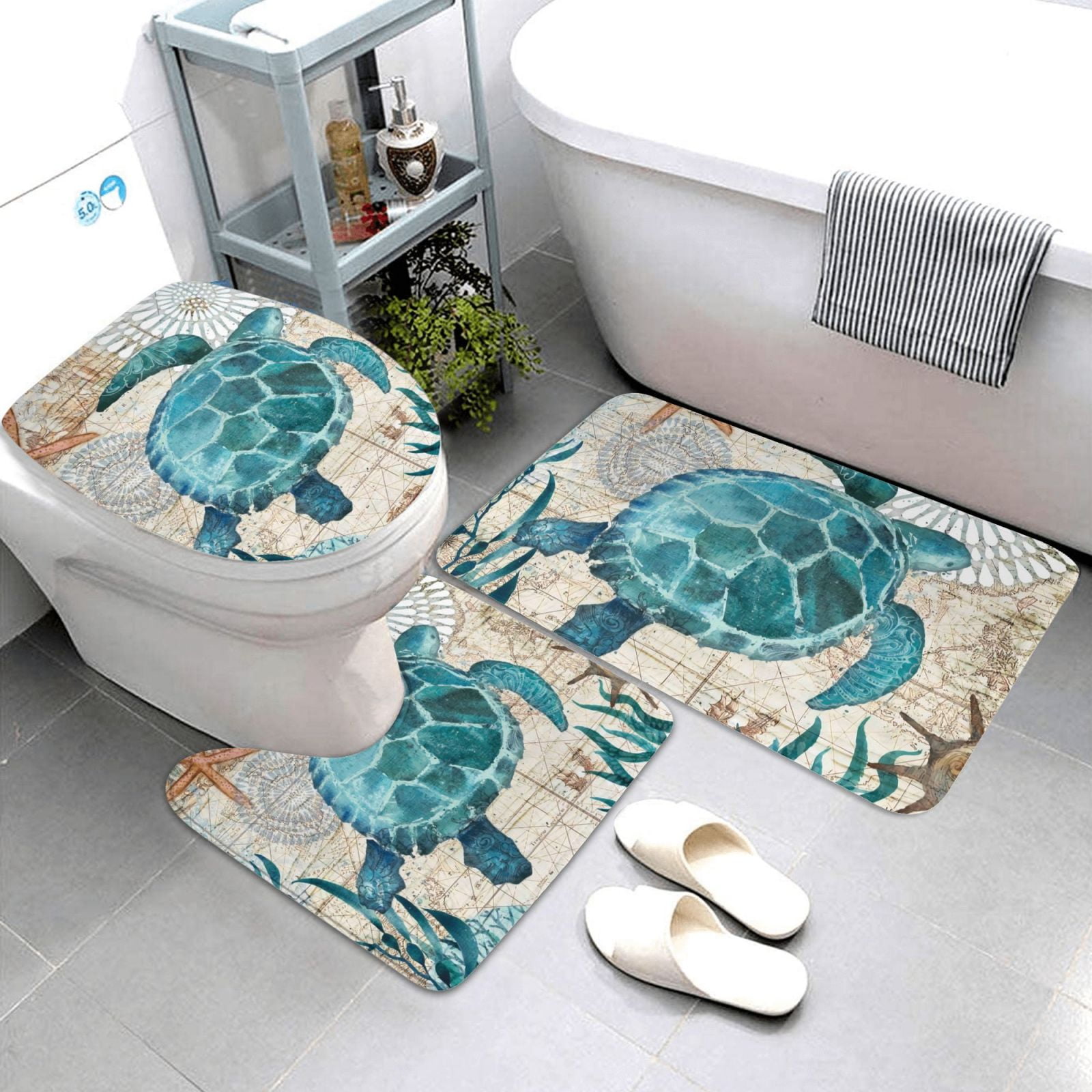 Bathroom Rugs Sets 3 Piece - Watercolor Sea Turtle Absorbent Non Slip Bath Mats, U-Shape Toilet Lid Cover, Contour Mat, Soft Washable Shower Mats Bath Rug Mat for Bathroom Tub Toilet