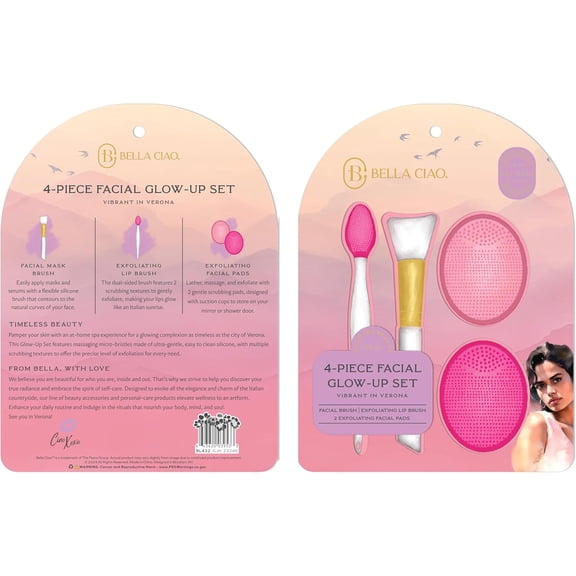 Bella Ciao 4-Piece Facial Glow-Up Set – Vibrant in Verona | Silicone Facial Mask Brush, Dual-Textured Exfoliating Lip Brush & 2 Gentle Scrubbing Pads | at-Home Spa Set for Radiant, Smooth Skin